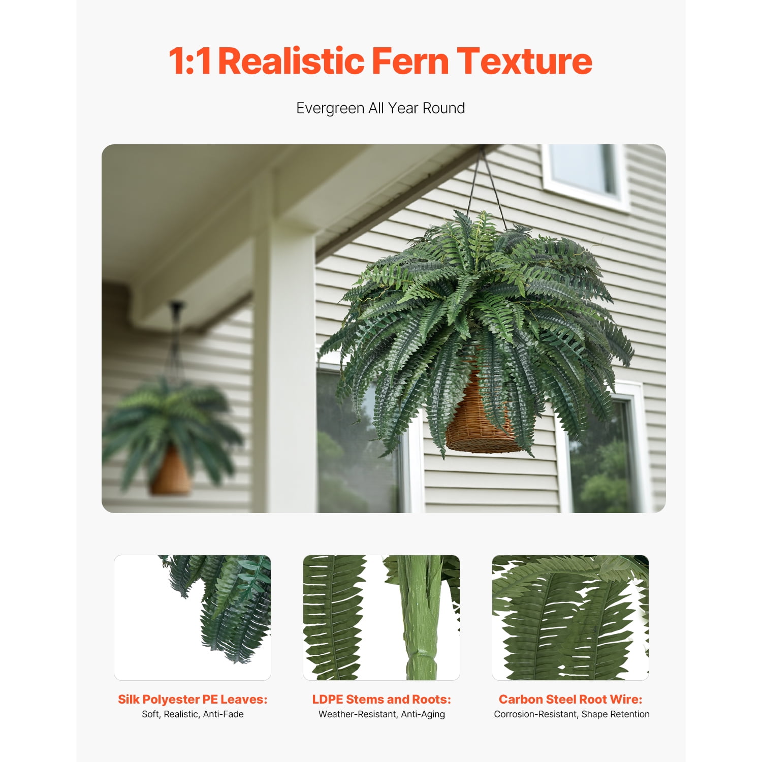 KFFKFF Artificial Ferns with 43-47 Inch Spread, Large Hanging Boston Ferns, Fake Plant Wall Decor with 88 Branches, Faux Fern for Home, Office, and Outdoor Use (Flowerpot Not Included)