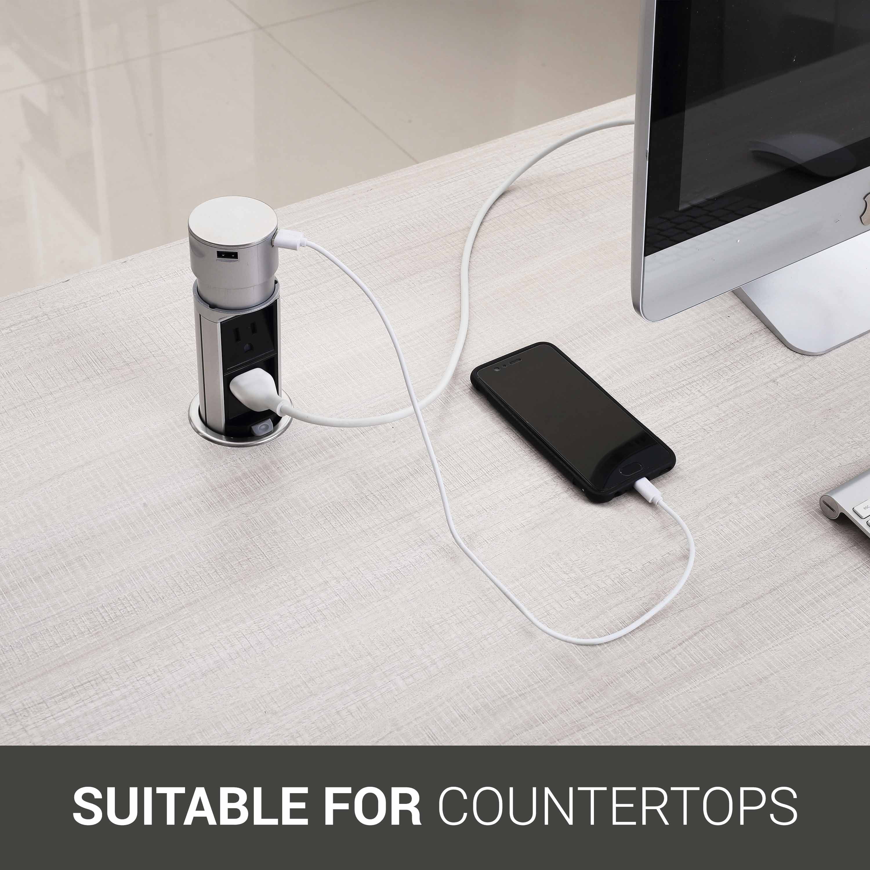 Link2Home Space Saver Pop Up Outlet, 2 Power Outlets, 2 USB Ports 2.4 Amp, Overload Protection, Splash Resistant
