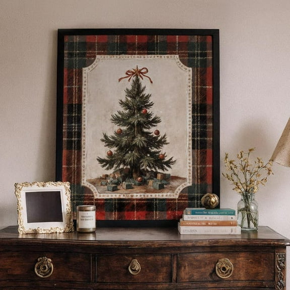 Christmas Poster Vintage Tree Art Rustic Holiday Decor Plaid Border Classic Wall Print Cozy Winter Interior Accent Home Lovers- Wall Art Print, 8x12 UNFRAMED