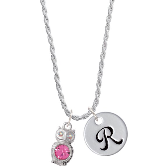 Delight Jewelry Silvertone 3-D Hot Pink & AB Crystal Owl Silvertone Script Initial Disc - R - Charm Necklace, 20"+3"