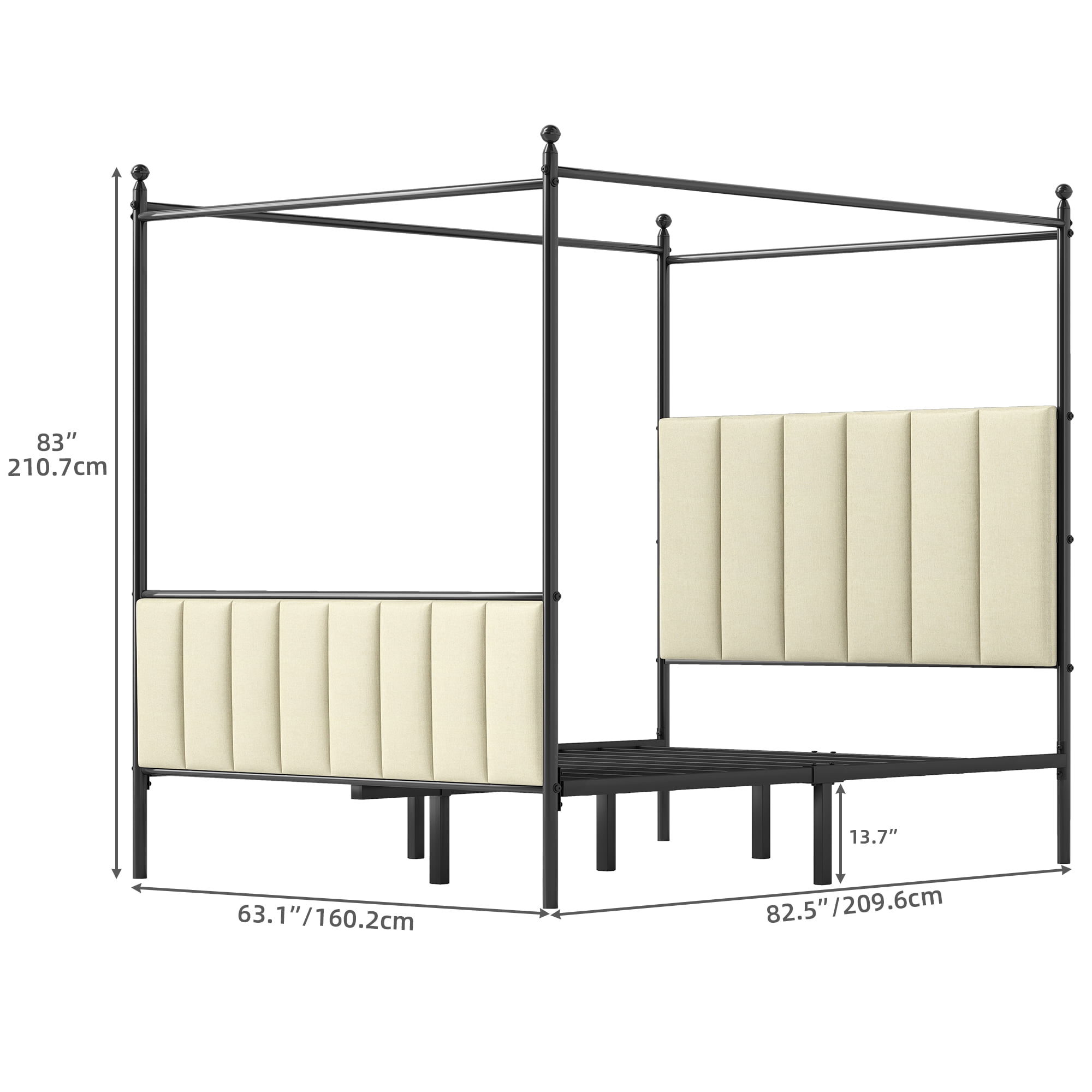 Dextrus-Queen Size Upholstered Metal Canopy Bed Frame, Strong Metal Slat Mattress Support, Beige