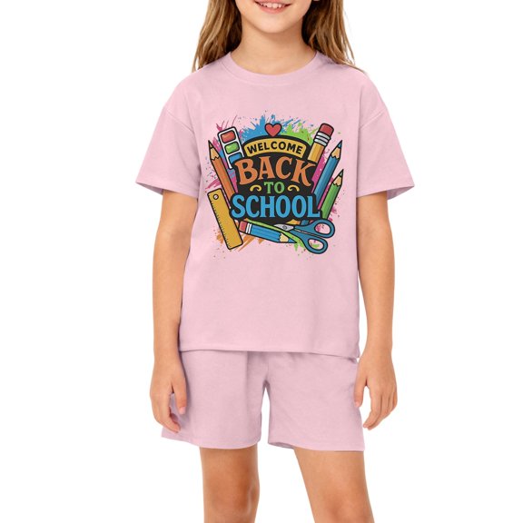 Grblisyd Back to School Boys Girls Summer Outfits 2 Piece Clothes Cute Letter Print Short Sleeve Top and Casual Elastic Waist Short Sets