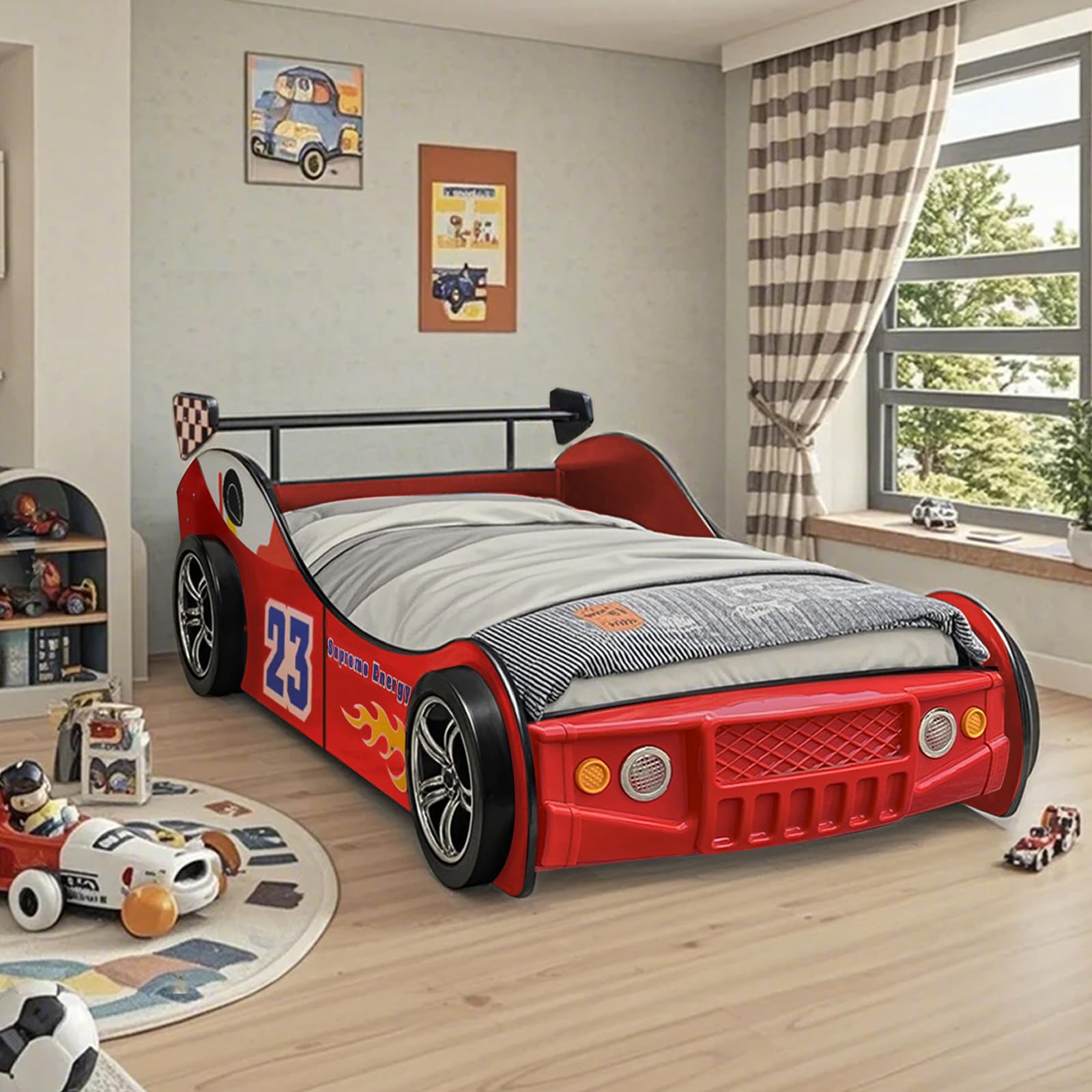 Twin Size Race Car Bed for Kids - Red Wooden Platform Frame with LED Lights, Wheels & Slat Support ,No Box Spring Needed
