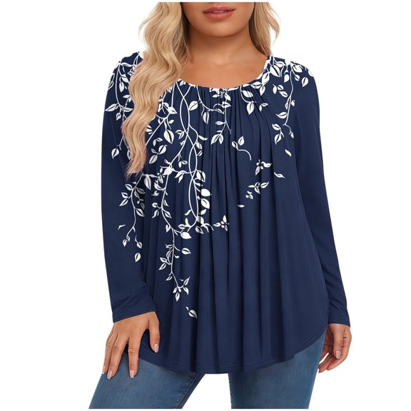 VBVC Women's Plus Pleated Tunic Tops,Ladies Stripe Stretchy Pullover,Gradient Breathable Shirts for Women,Navy,L-5XL