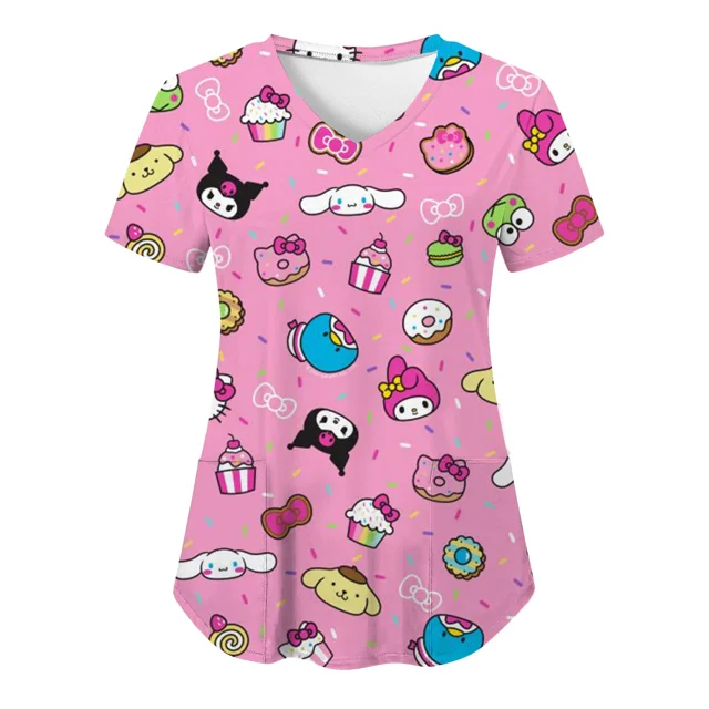 RWJDXD RWJDXD Uniforme d'Infirmière, Blouses Hello Kitty pour Femmes, Imprimé Cartoon, Manches Courtes, Poches, Uniformes Médicaux