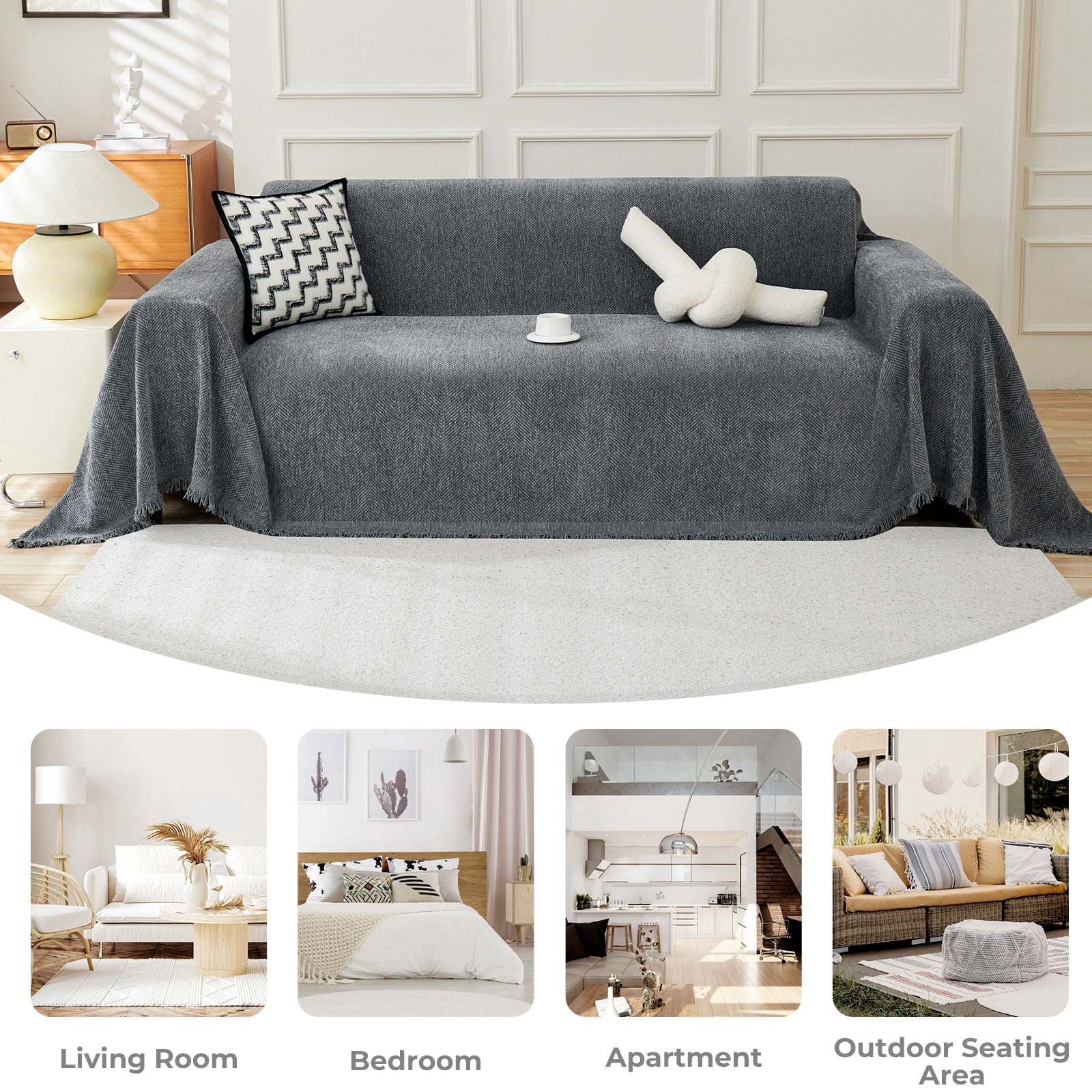 Sanmadrola Sofa Cover Non Slip Couch Cover for 3 Cushion Couch Machine Washable Furniture Protector for Dogs Pet Chenille Throw Slipcover Blanket for Living Room (Gray, 91"x134")