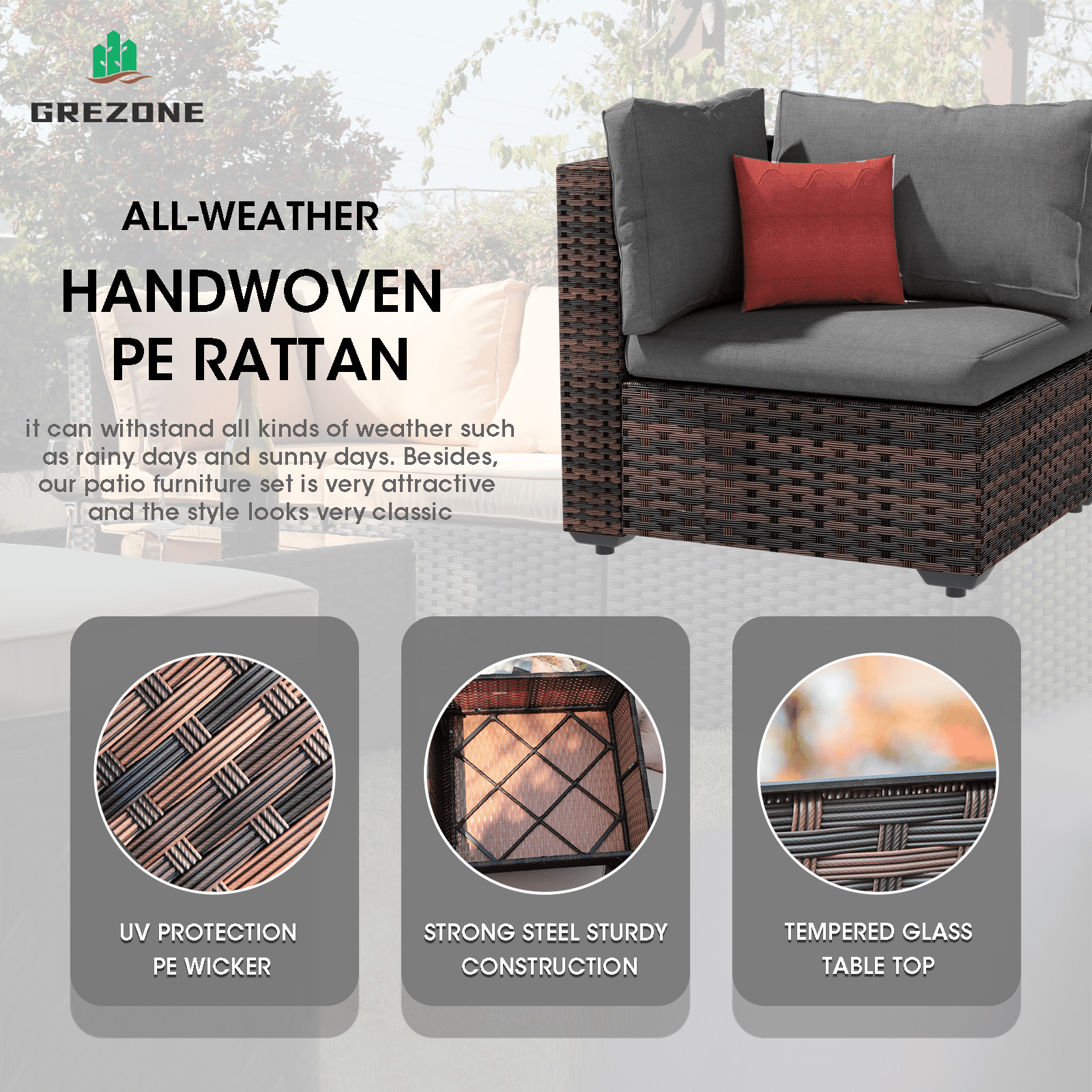 7 Pieces Patio Furniture Set Outdoor Sectional Sofa, All Weather Outdoor Sectional PE Rattan, Patio Conversation Sets with Cushions and Glass Coffee Table for Garden Lawn Balcony Porch Deck,Grey