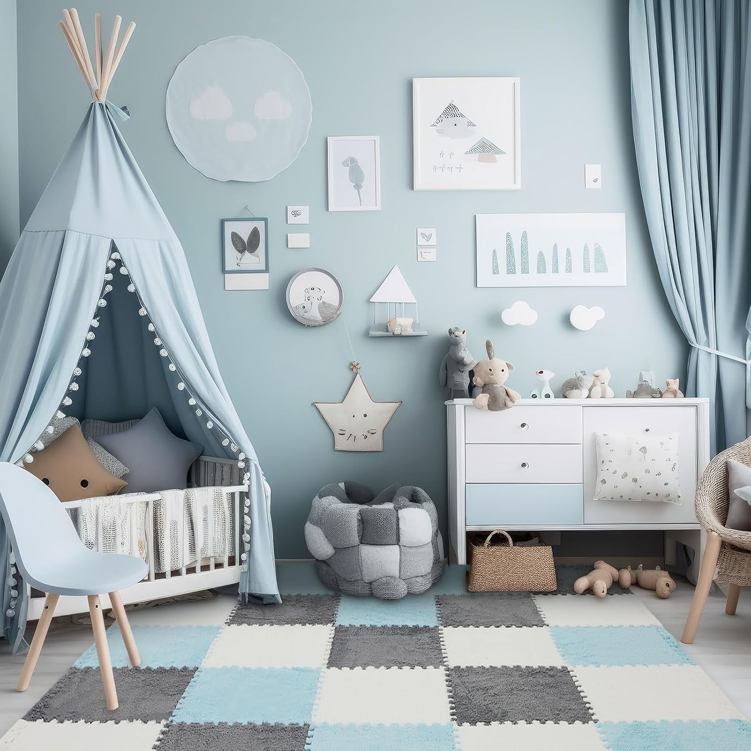36 Pack Plush Foam Floor Mat Square Interlocking Carpet Tiles with Border Fluffy Play Mat Floor Tiles Soft Climbing Rugs for Bedroom Playroom, 12 x 12 x 0.4 in(White, Mint Green)