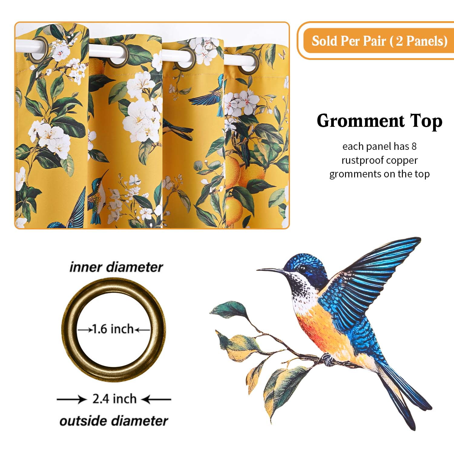 Alishomtll Floral Lemon Hummingbird Blackout Curtains Room Darkening Grommet Window Drapes for Living Room , 52" x63", ,Set of 2 Panels,Yellow