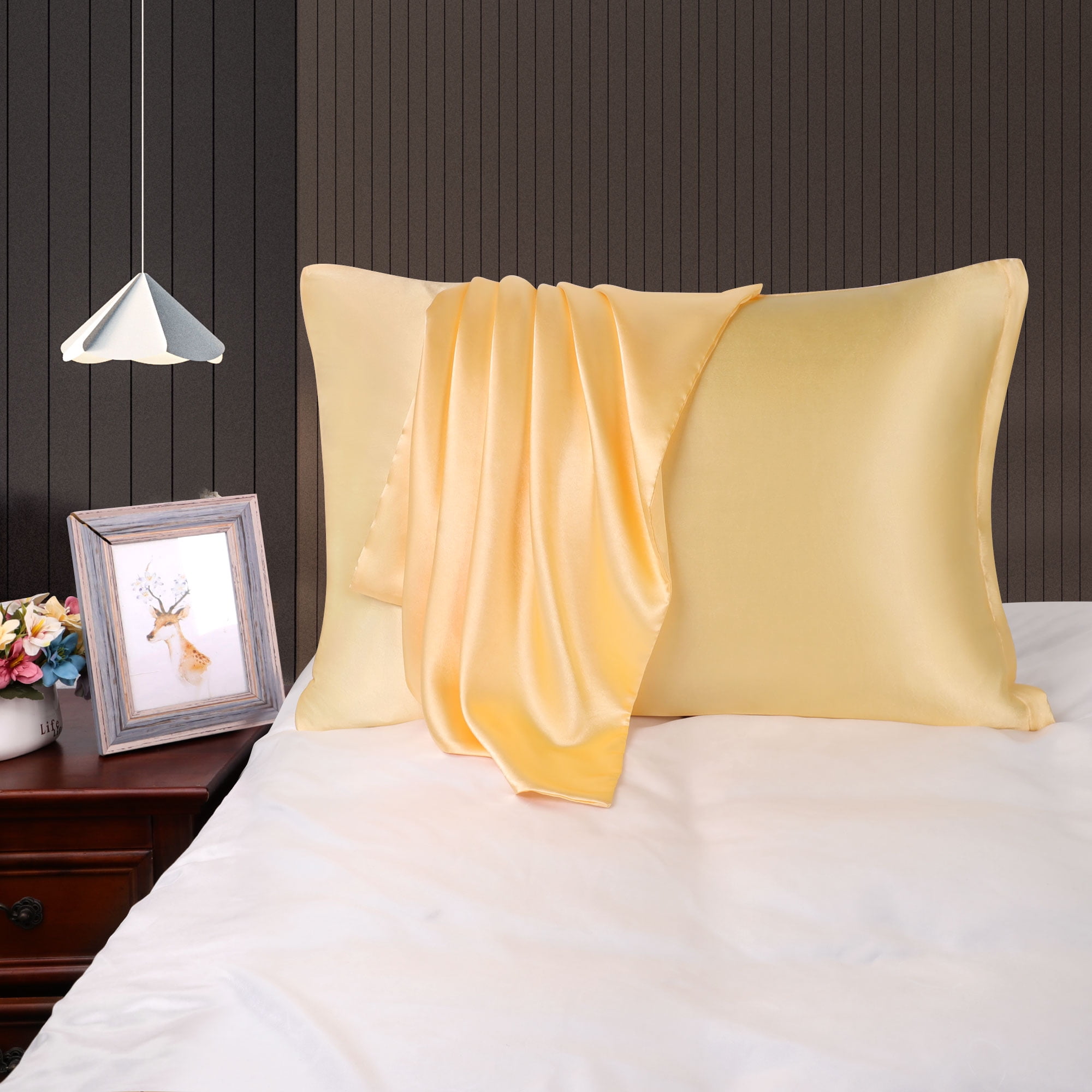 Unique Bargains Satin Set of 2 Zipper Closure Pillowcases Gold 20"x30"