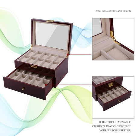 CYBER MONDAY DEALS Brown Watch Box Faux Leather Jewelry Case Watch Display Oraganizer Glass Top Lockable UJWB007