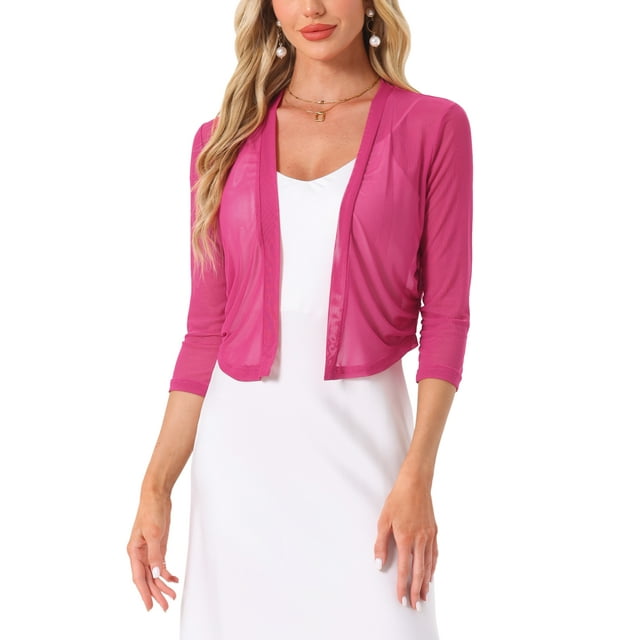Inspire Chic Cárdigan Corto Elegante de Malla Transparente para Mujeres con Mangas 3/4 Ligero Fucsia XL
