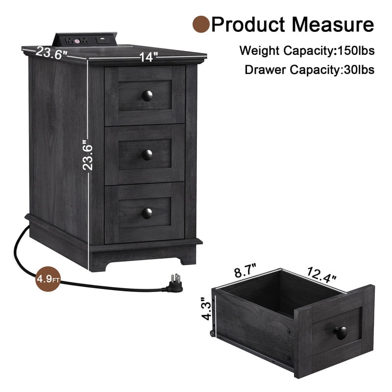 PLAMLE End Table with 3 Drawers for Living Room,Nightstand Sofa Side Table with Charging Station,End Table.