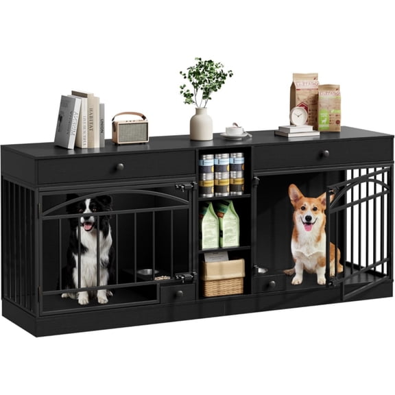 78.7" Double Dog Crate Furniture for 2 Dogs, Indoor Dog Kennel TV Stand - 2 Drawers, 3 Shelves, Built-In Feeding Bowls - Wood & Metal - Embossed Black