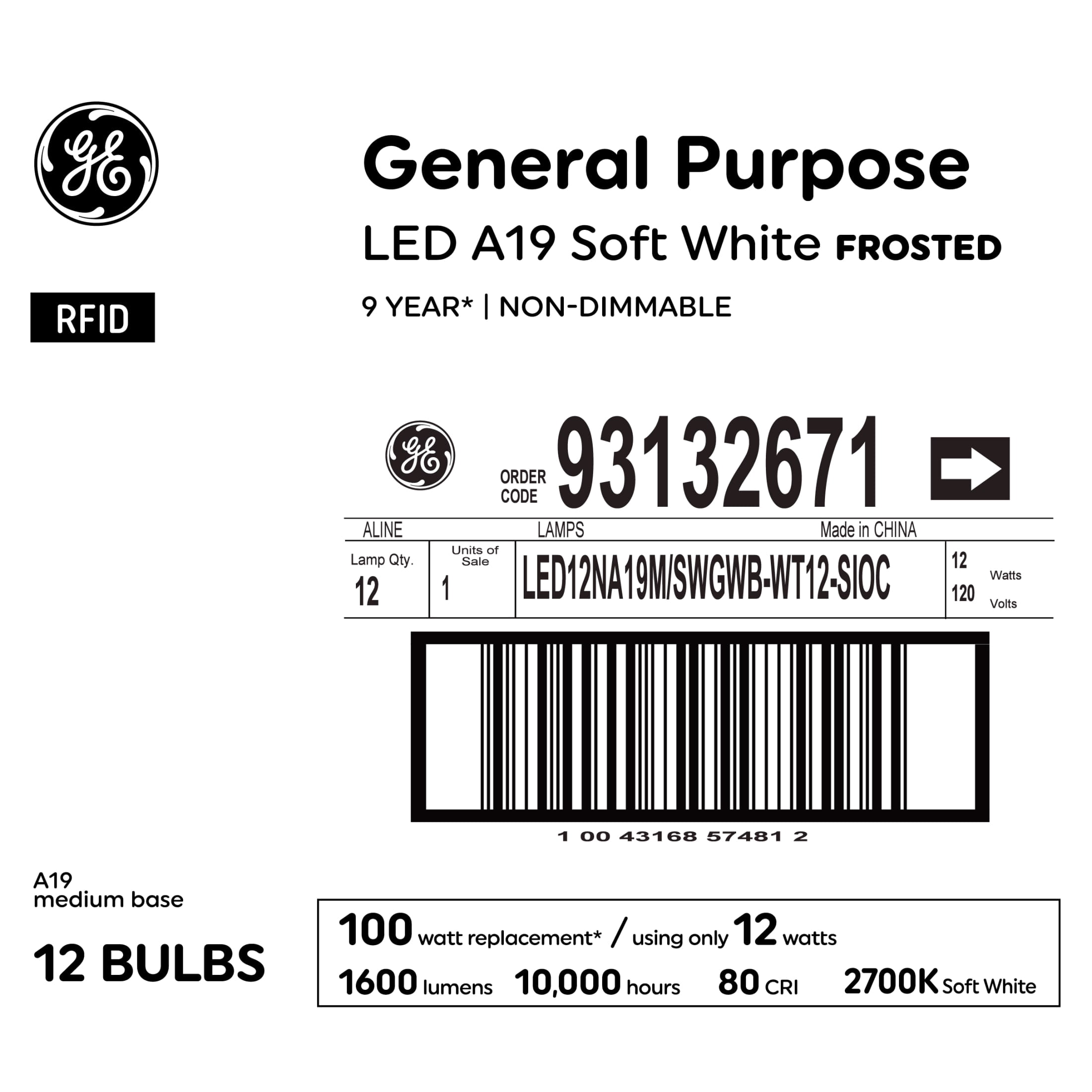 GE General Purpose LED 100 Watt Replacement, Soft White, A19 Frosted Bulbs (12 Pack)