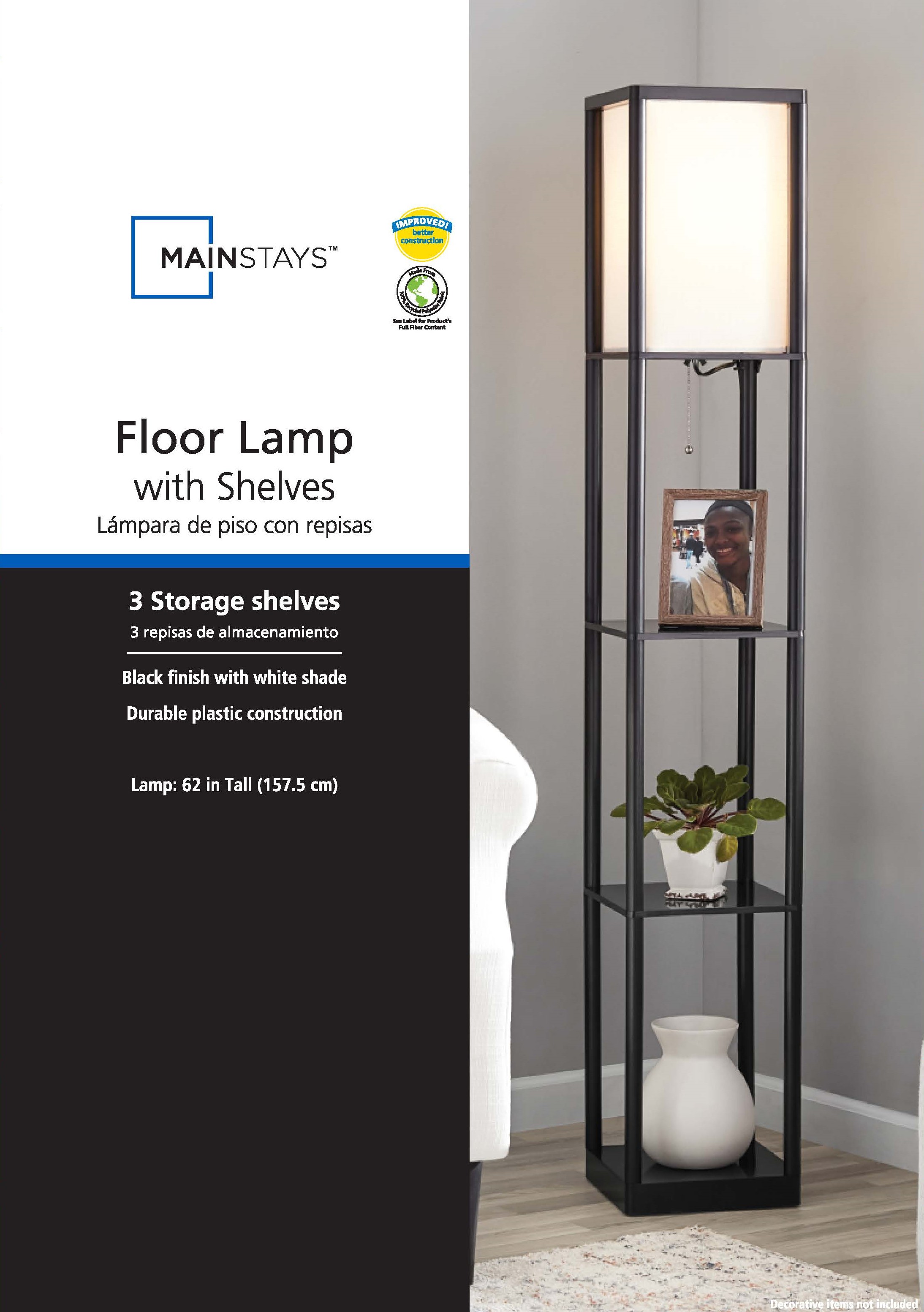 Mainstays 62-Inch Floor Lamp with Shelves, Black photo 6