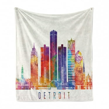 Detroit Soft Flannel Fleece Blanket, Vibrant Colored Abstract Skyscrapers Modern Architecture Watercolor Style Landmarks, Cozy Plush for Indoor and Outdoor Use, 50" x 70", Multicolor, by Ambesonne