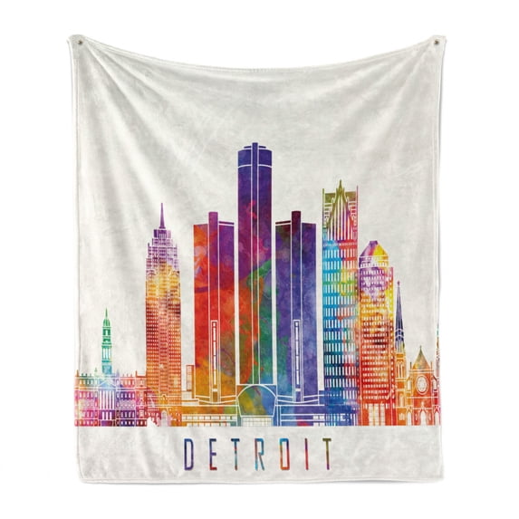 Detroit Soft Flannel Fleece Blanket, Vibrant Colored Abstract Skyscrapers Modern Architecture Watercolor Style Landmarks, Cozy Plush for Indoor and Outdoor Use, 60" x 80", Multicolor, by Ambesonne