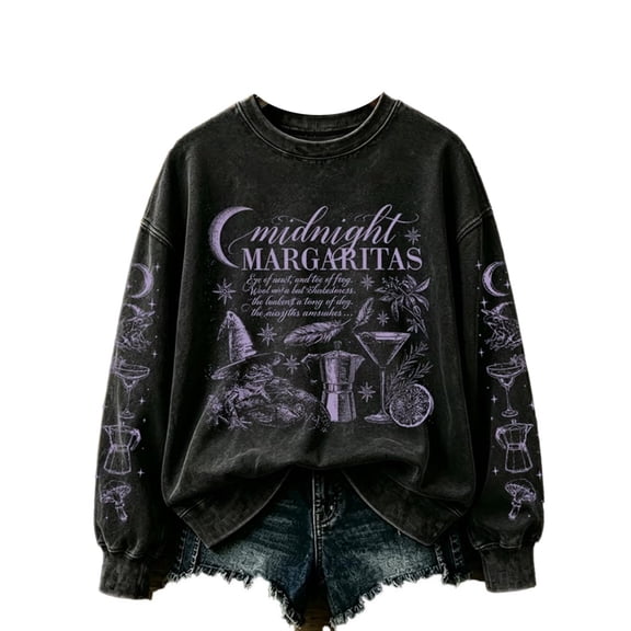 Women's Halloween Graphic Crewneck Sweatshirt, Midnight Margaritas Print Long Sleeve Pullover, Vintage Washed Casual Sweatshirt Top for Halloween Daily Wear 01-Black XXXL