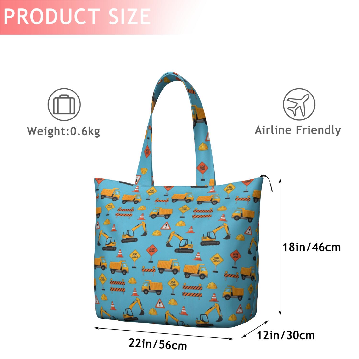 Cartoon Construction Vehicles Barriers Light Blue Pattern Travel Tote Bags for Women Carry On,Large Weekender Bags for Women Travel,Multi Functional Duffle Bag for Work,Shopping,Sports