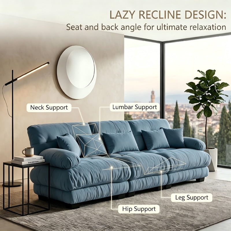 ANPPORT Cloud Couch Sleeper Sofa, Chenille Blue 3-Seater Modular Sofa, 3 Lumbar pillows, 2 Pillows, Comfy Deep Seat Cloud Sofa, Convertible L-Shaped Floor Couch for Living Room
