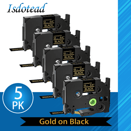 Isdotead 5-Pack Compatible with Brother P-Touch Label Tape Gold on Black Tze-334 TZe334 Ptouch Tze TZ 12mm 0.47 Inch Standard Laminated Work for Brother PT-D210 PT-D200 PT-H100 Label Maker Tape