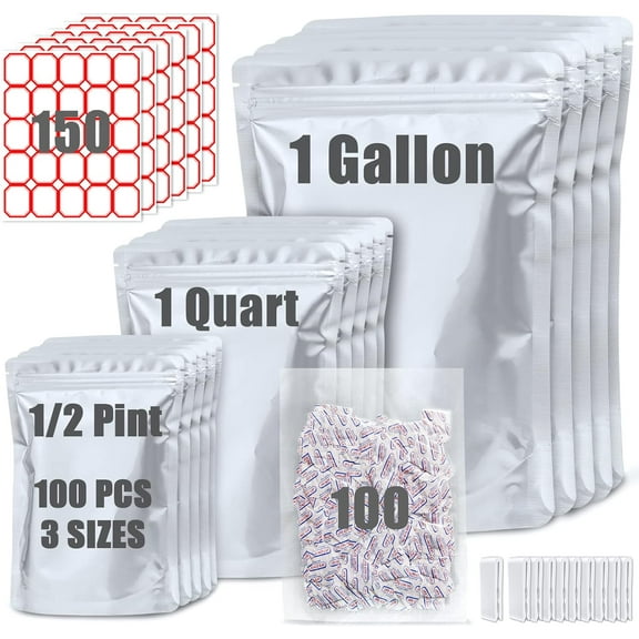 100 Pack Mylar Bags for Food Storage with 100x300cc Oxygen Absorbers - 9 Mil 10"x14", 9Mil 6"x9", 9Mil 4.3"x6.3" - Resealable Bags for Packaging Products & Ziplock Food Grade Bag for Storage