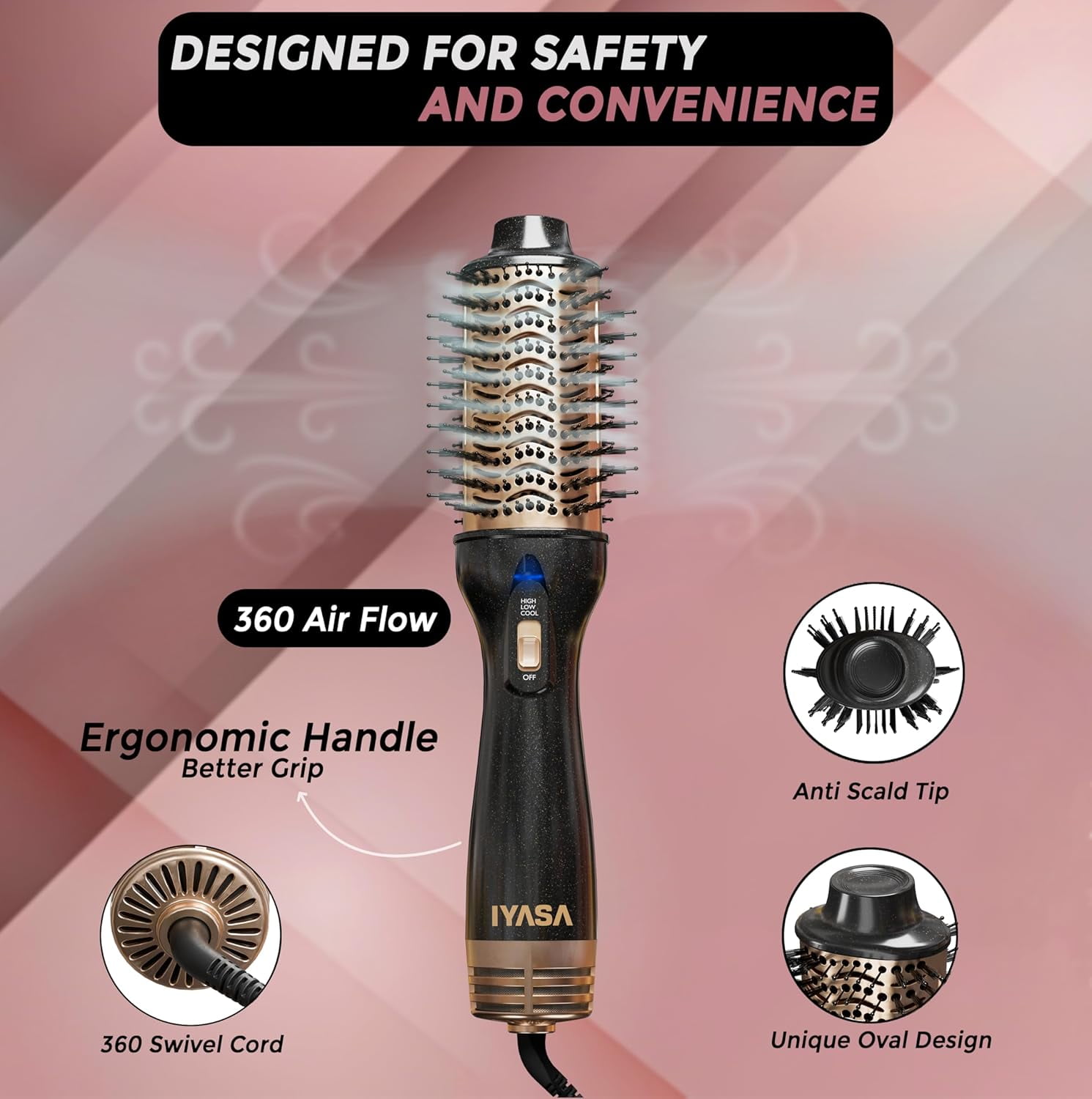 Professional Salon Blowout Dryer Brush, Small 1.5 Inch Barrel Ionic Blow Dryer Styling, Oval One-Step Hair Volumizer, Anti-Frizz Straightening for All Hair Types, Black