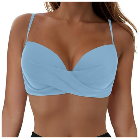 GEWSEY Women Twist Front Underwire Bikini Top Push Up Lace Up Swimsuit Tops Bra Padded Bathing Suit Tops Light Blue  S