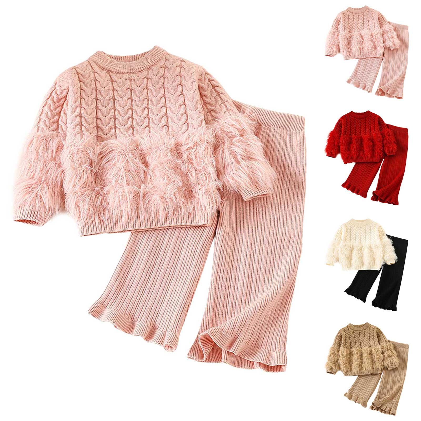 Zanarzt Toddler Baby Girls Clothes Outfits Little Girl Top Shirts Pants 2PC Sets for Girls Sweater Flare Wide Leg Pant Cute Outfit Pink,6-7 Years