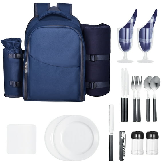 KFFKFF Picnic Backpack for 2 with Insulated Cooler, Detachable Bottle Holder, Blanket, Plates & Cutlery Set, Ideal for Camping, Hiking, and Beach Outings, Navy Blue