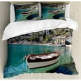 thumbnail image 1 of Croatia Duvet Cover Set King Size, Tranquil Scenery of Old Stone Houses with Wooden Boat on Pure Calm Water Little Bay, Decorative 3 Piece Bedding Set with 2 Pillow Shams, Multicolor, by Ambesonne, 1 of 3