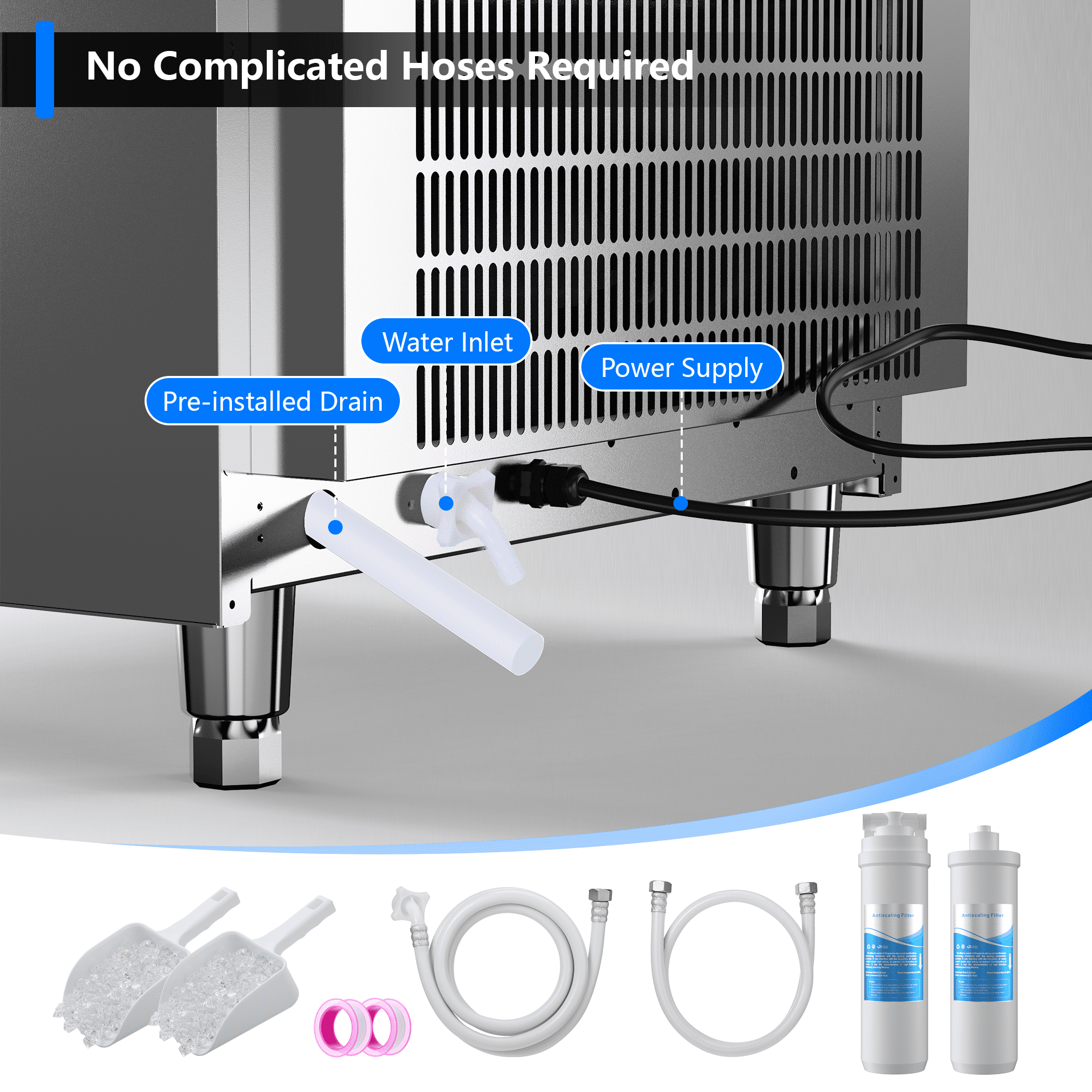 Coolake Commercial Under Counter Ice Maker 450lbs/24H with 130lbs Storage, Descaling Water Filter, Ice Ready in 5-15 min, DOE ETL Listed, 115V