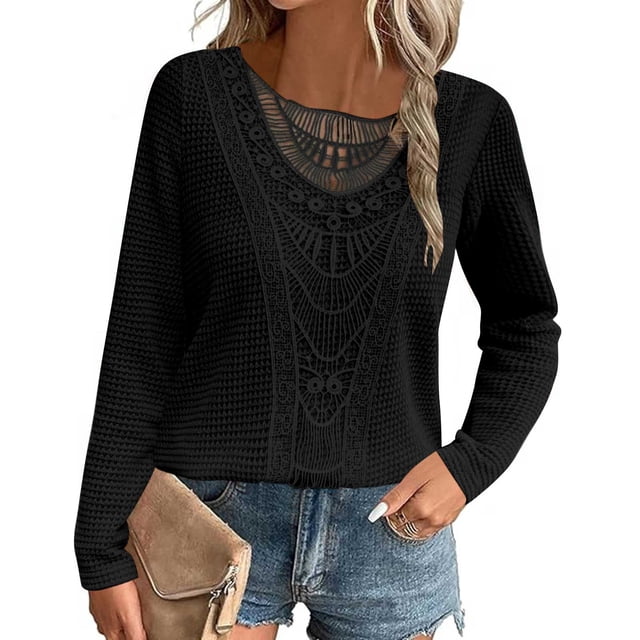 RXIRUCGD T-shirt à Manches Longues Col Rond en Dentelle Patchwork Ananas pour Femmes, Noir, Taille: 2TG