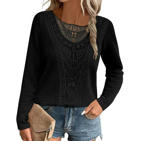 LYEAA Long Sleeve Lace Tops for Women Warm Crew Neck Shirts Stylish Solid Winter Pullover Comfortable Dressy Casual Outfits Fitted Lightweight Clothes Black S