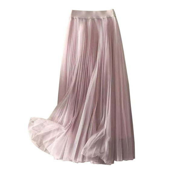 MIXUE Skirts For Women Summer Chiffon Solid Color High Waist Pleated Casual Midi Lightweight Flowing Fashion Maxi Skirt Daily-Wear,Pink,S
