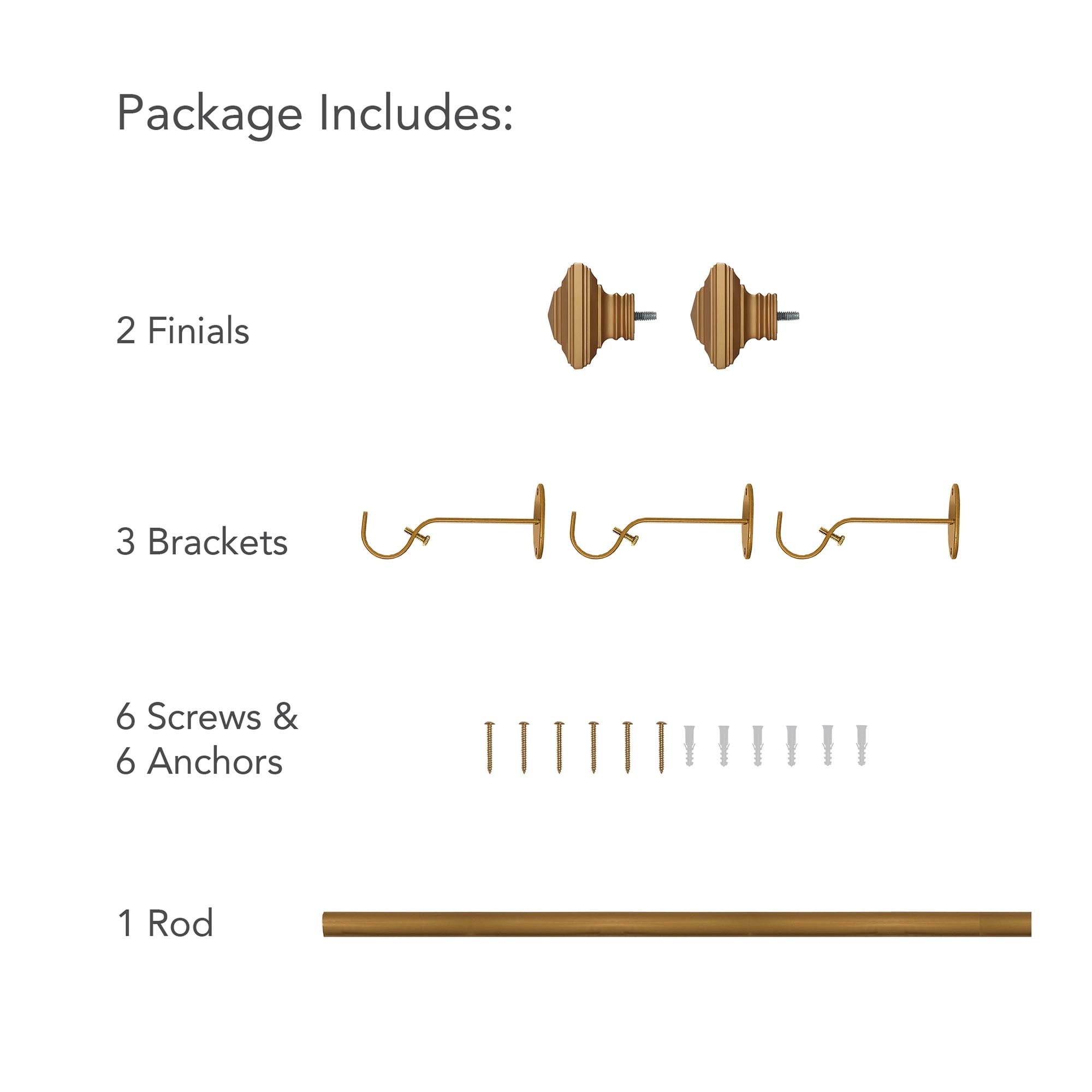 Elrene Home Fashions Florence Single Curtain Rod with Stacked Square Finial, Soft Gold, 48" x 86"