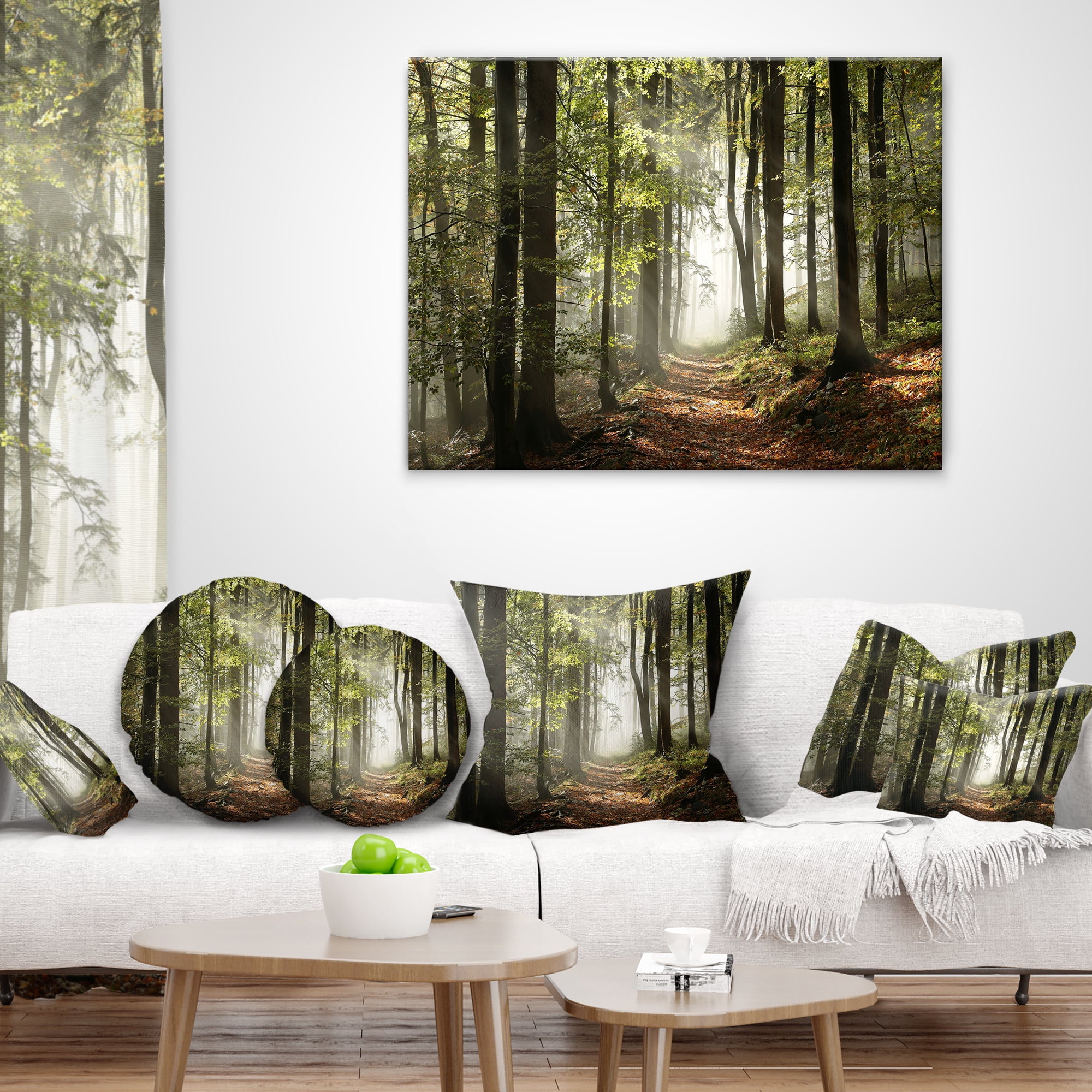 Designart Green Fall Forest with Sun Rays - Landscape Photography Throw Pillow - 18x18