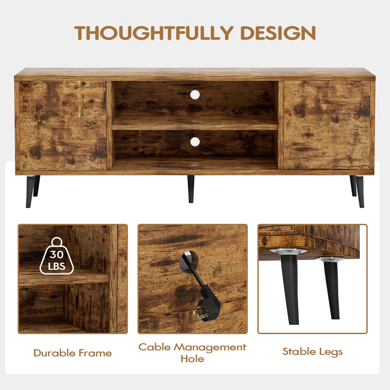 Furmax Mid-Century 2-Door TV Stand for TVs up to 65", Rustic Oak