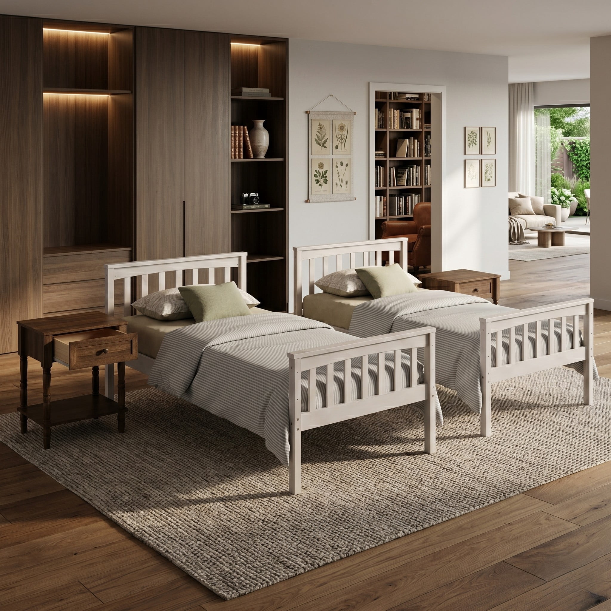 Home Design Ames Twin Over Twin Solid Wood Bunk Bed with 2 Ruston Nightstand – 3-Piece Space-Saving Bedroom Set, Antique White/ Brown