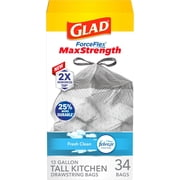 Glad ForceFlex MaxStrength Tall Kitchen Trash Bags, 13 Gal, Fresh Clean, 34 Ct (Package May Vary)