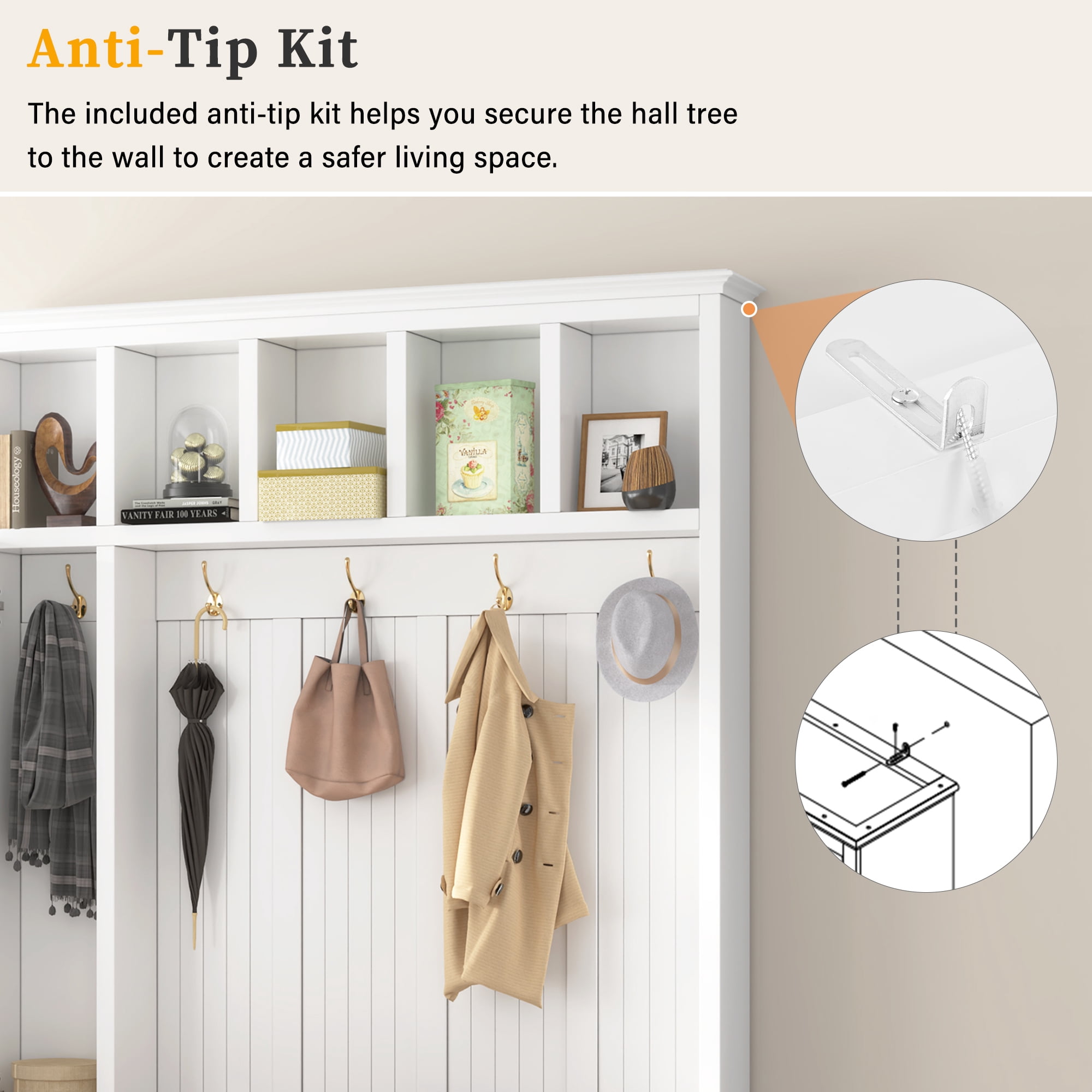 HOQBN 79"H Entryway Hall Tree with 5 Coat Hooks,Shoe Bench & 5 Drawer Storage Cabinet, All-in-One Storage Organizer Coat Rack for Hallway, Living Room,White