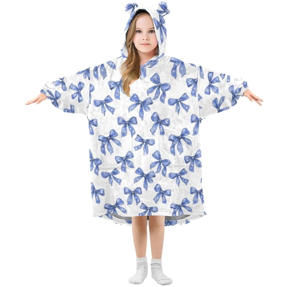 Wearable Blanket Hoodie for Kids Blue Bow Art Flannel Hooded Blanket with Pockets and Sleeves Suitable for Boys and Girls