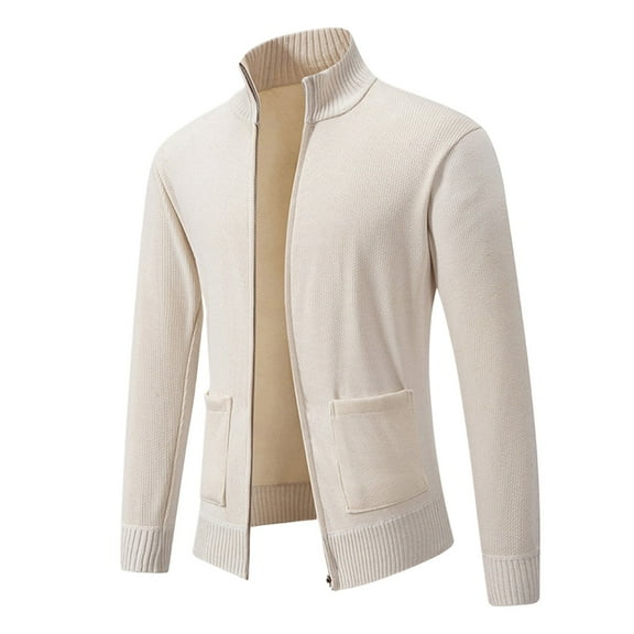 JTieacloth Knitted Cardigan Sweaters Men's Winter Solid Color Stand Collar Sweater Coat(White)