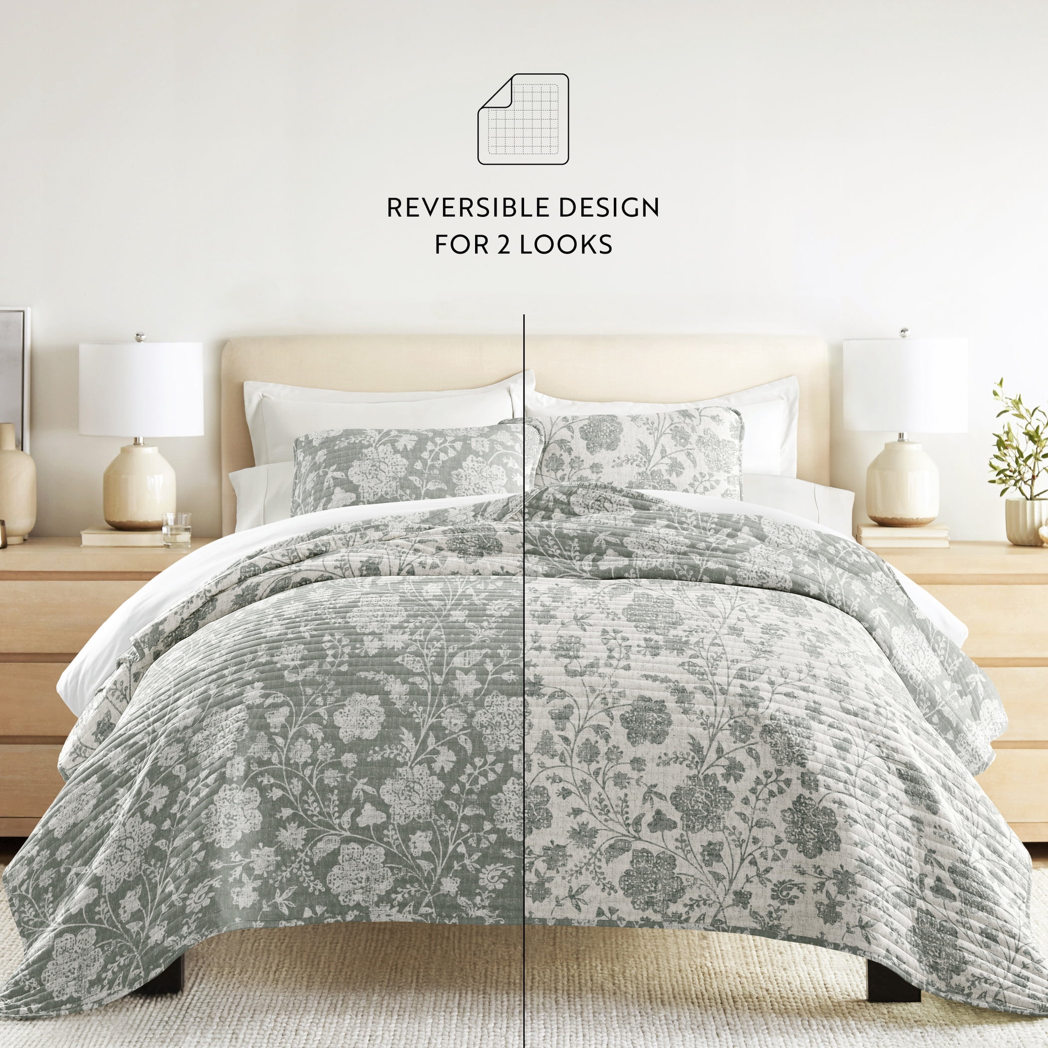 Lightweight Quilt Set Super Soft Wrinkle Resistant Quilted Coverlet Floral Patterns by Comfort Canopy