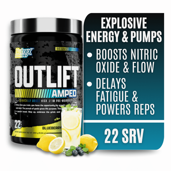 Nutrex Research OUTLIFT Amped Blueberry Lemonade High Stim Pre Workout Powder 22 Servings