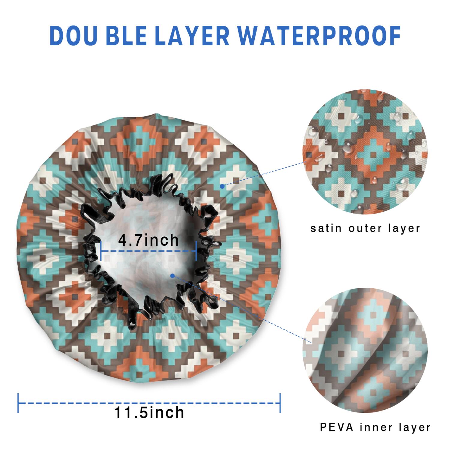 Shower Caps,Multicolor Ethnic Geometric Pattern Waterproof Shower Cap for Women 4 Pieces,Double Reusable Hair Cover for Shower PEVA Elastic Stretch Hem