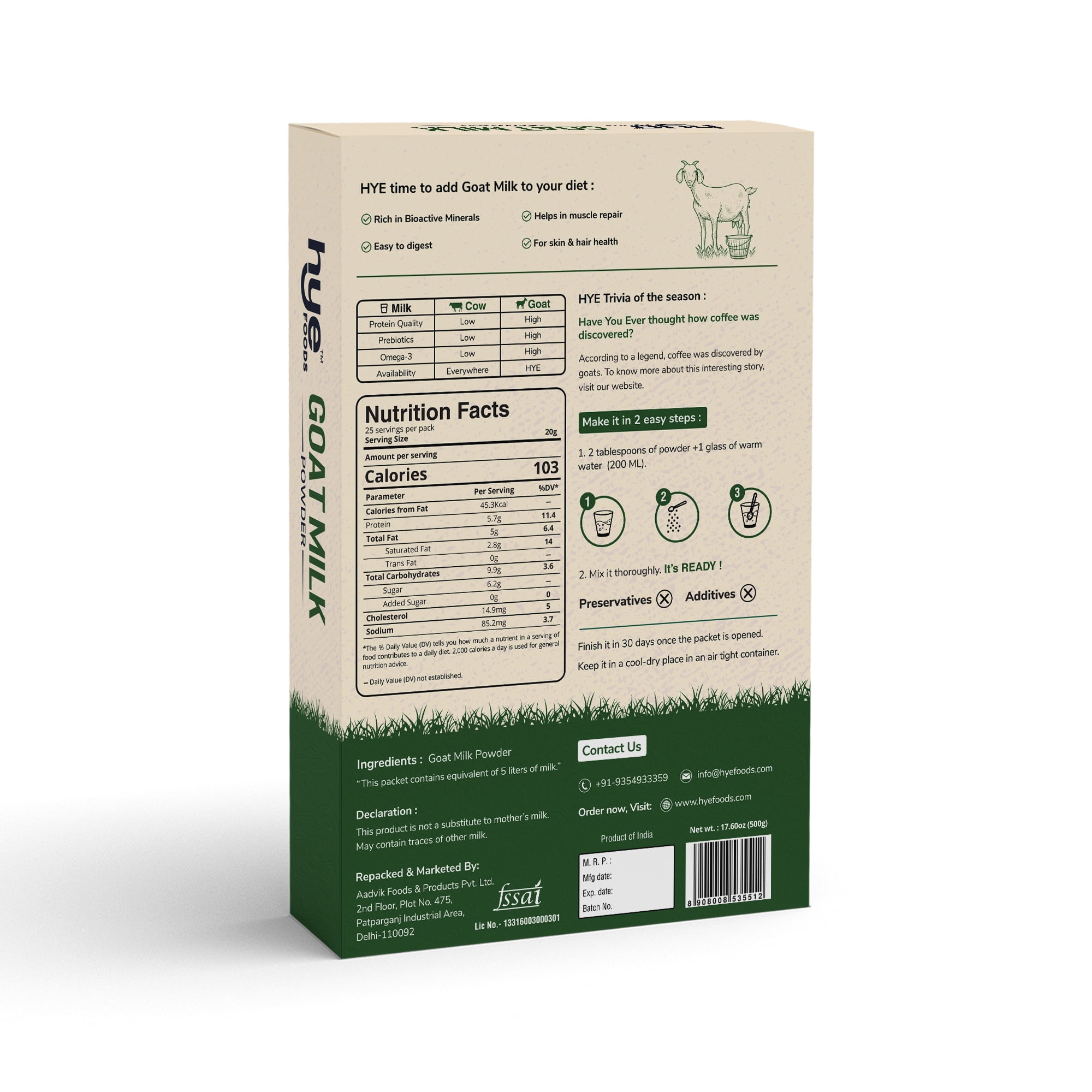 HYE FOODS Goat Milk Powder I Whole Milk Powder | 17.60 Oz (500gms)