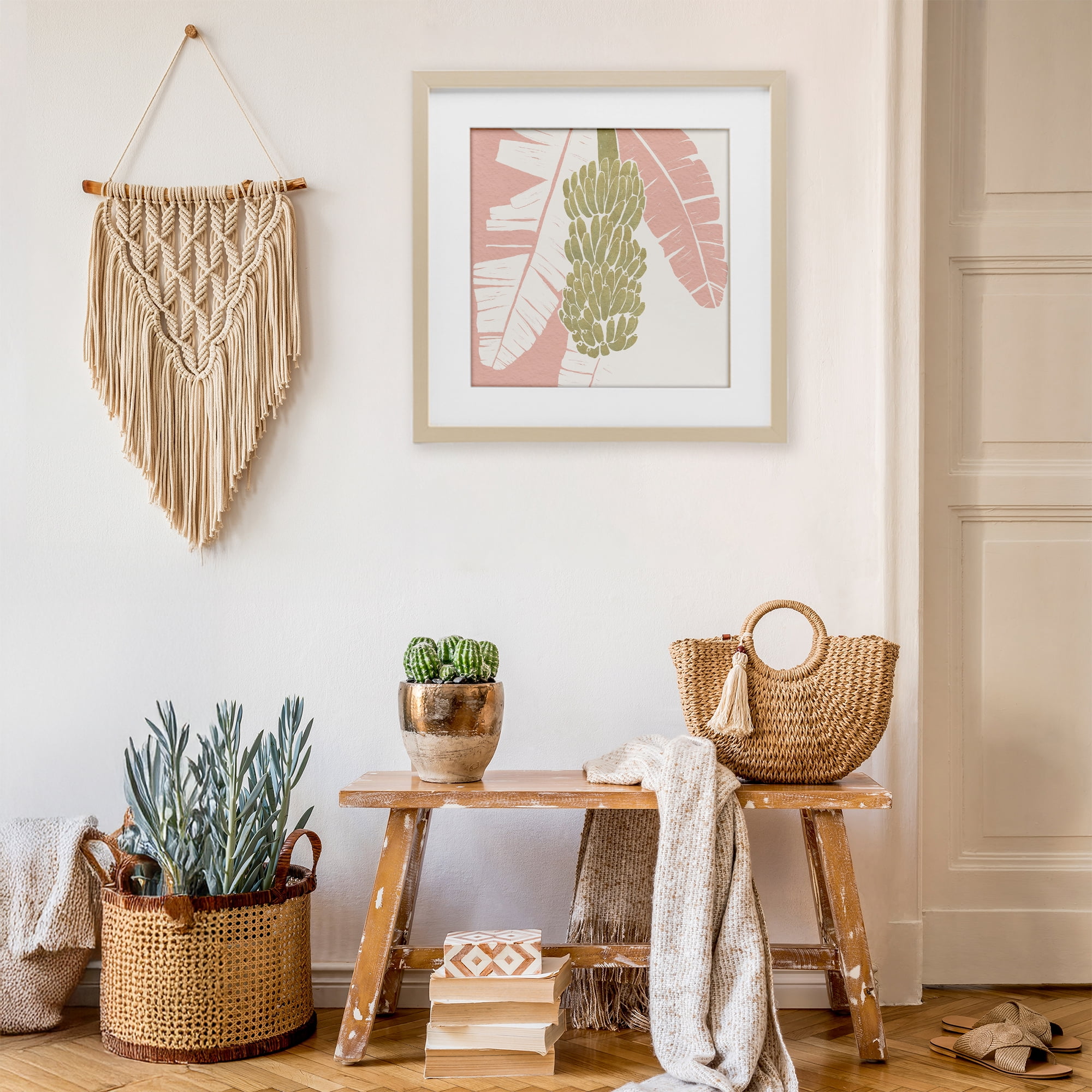 Stupell Industries Banana Bunch Amid Pink Leaves Birch Framed Print Under Glass, design by Yuyu Pont