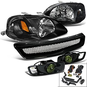 Honda Civic Si LX DX Black Headlights ABS Mesh Grille Guard Smoke Fog Lamps